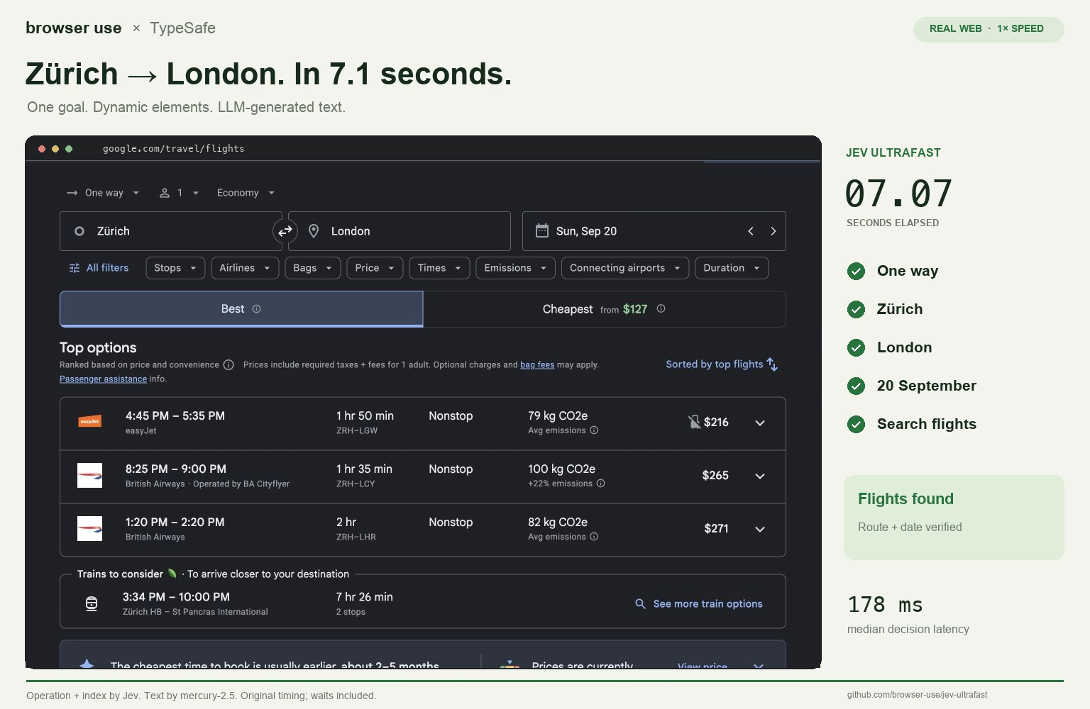 Demonstrația Browser Use și Jev afișează rezultate Google Flights pentru Zürich–Londra și un timp de 7,07 secunde.